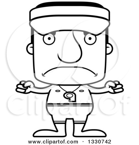Lineart Clipart of a Cartoon Black and White Mad Block Headed White Man Lifeguard - Royalty Free Outline Vector Illustration by Cory Thoman