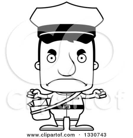 Lineart Clipart of a Cartoon Black and White Mad Block Headed White Mail Man - Royalty Free Outline Vector Illustration by Cory Thoman