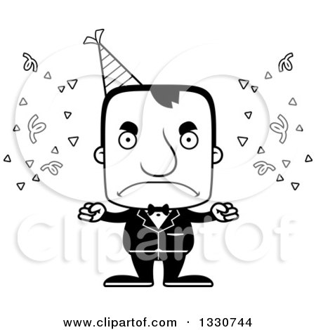 Lineart Clipart of a Cartoon Black and White Mad Block Headed White Party Man - Royalty Free Outline Vector Illustration by Cory Thoman