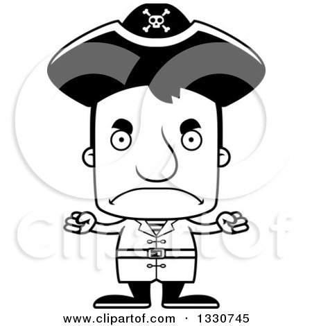 Lineart Clipart of a Cartoon Black and White Mad Block Headed White Man Pirate - Royalty Free Outline Vector Illustration by Cory Thoman