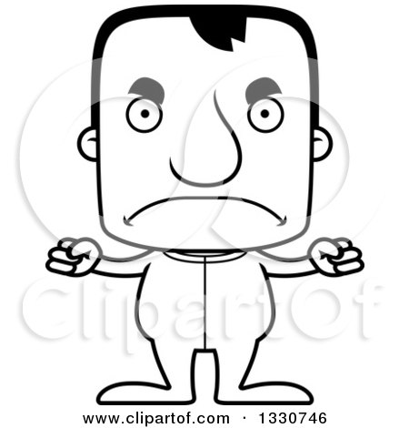 Lineart Clipart of a Cartoon Black and White Mad Block Headed White Man in Pjs - Royalty Free Outline Vector Illustration by Cory Thoman