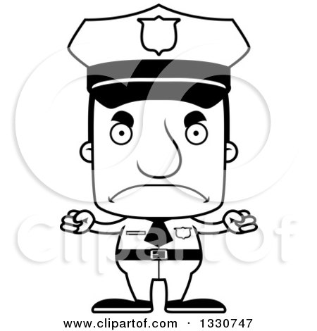 Lineart Clipart of a Cartoon Black and White Mad Block Headed White Man Police Officer - Royalty Free Outline Vector Illustration by Cory Thoman