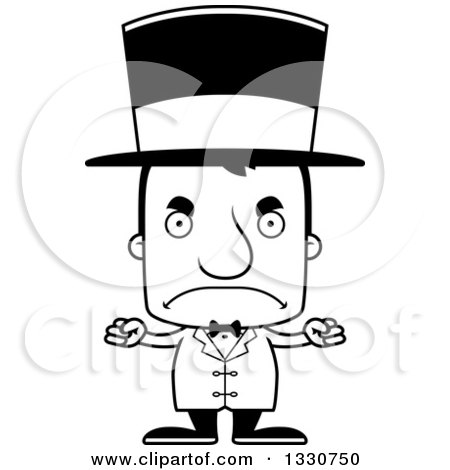 Lineart Clipart of a Cartoon Black and White Mad Block Headed White Man Circus Ringmaster - Royalty Free Outline Vector Illustration by Cory Thoman