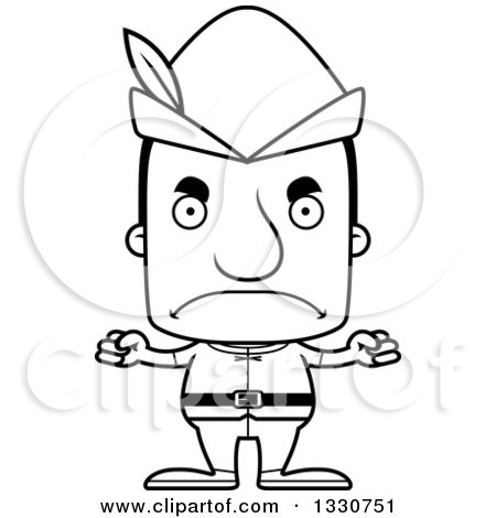 Lineart Clipart of a Cartoon Black and White Mad Block Headed White Robin Hood Man - Royalty Free Outline Vector Illustration by Cory Thoman