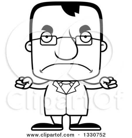 Lineart Clipart of a Cartoon Black and White Mad Block Headed White Man Scientist - Royalty Free Outline Vector Illustration by Cory Thoman
