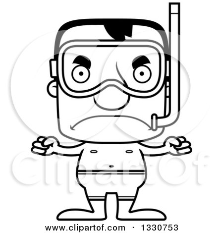 Lineart Clipart of a Cartoon Black and White Mad Block Headed White Man in Snorkel Gear - Royalty Free Outline Vector Illustration by Cory Thoman