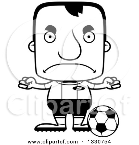 Lineart Clipart of a Cartoon Black and White Mad Block Headed White Man Soccer Player - Royalty Free Outline Vector Illustration by Cory Thoman