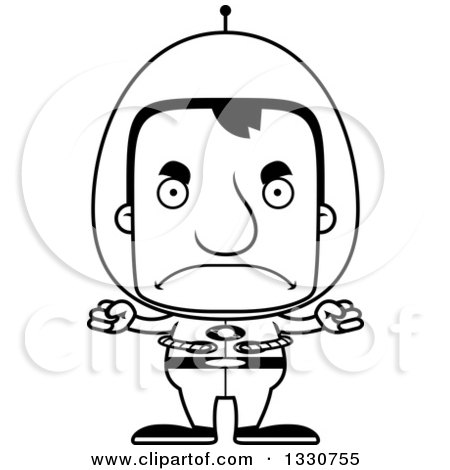 Lineart Clipart of a Cartoon Black and White Mad Block Headed Futuristic White Space Man - Royalty Free Outline Vector Illustration by Cory Thoman