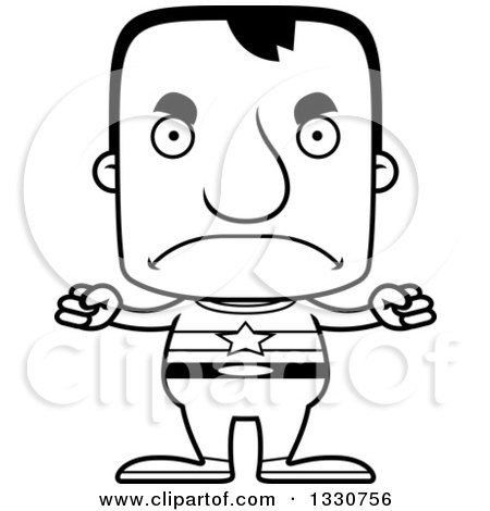 Lineart Clipart of a Cartoon Black and White Mad Block Headed White Man Super Hero - Royalty Free Outline Vector Illustration by Cory Thoman