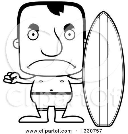 Lineart Clipart of a Cartoon Black and White Mad Block Headed White Man Surfer - Royalty Free Outline Vector Illustration by Cory Thoman