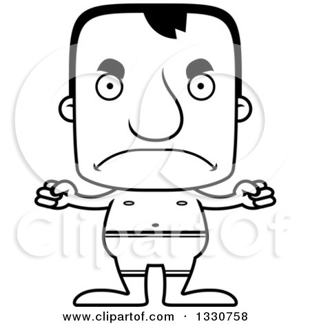 Lineart Clipart of a Cartoon Black and White Mad Block Headed White Man Swimmer - Royalty Free Outline Vector Illustration by Cory Thoman