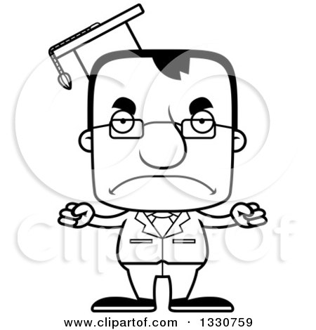Lineart Clipart of a Cartoon Black and White Mad Block Headed White Man Professor - Royalty Free Outline Vector Illustration by Cory Thoman