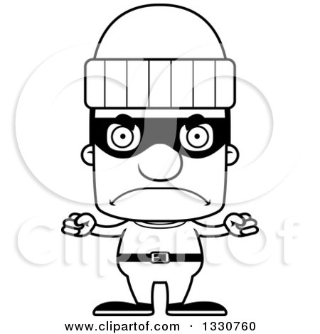 Lineart Clipart of a Cartoon Black and White Mad Block Headed White Man Burglar - Royalty Free Outline Vector Illustration by Cory Thoman