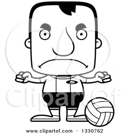 Lineart Clipart of a Cartoon Black and White Mad Block Headed White Man Volleyball Player - Royalty Free Outline Vector Illustration by Cory Thoman