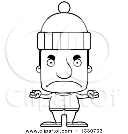 Lineart Clipart of a Cartoon Black and White Mad Block Headed White Man in Winter Clothes - Royalty Free Outline Vector Illustration by Cory Thoman