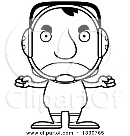 Lineart Clipart of a Cartoon Black and White Mad Block Headed White Man Wrestler - Royalty Free Outline Vector Illustration by Cory Thoman