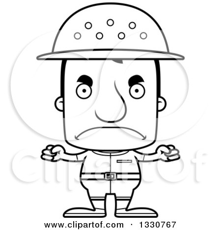 Lineart Clipart of a Cartoon Black and White Mad Block Headed White Man Zookeeper - Royalty Free Outline Vector Illustration by Cory Thoman