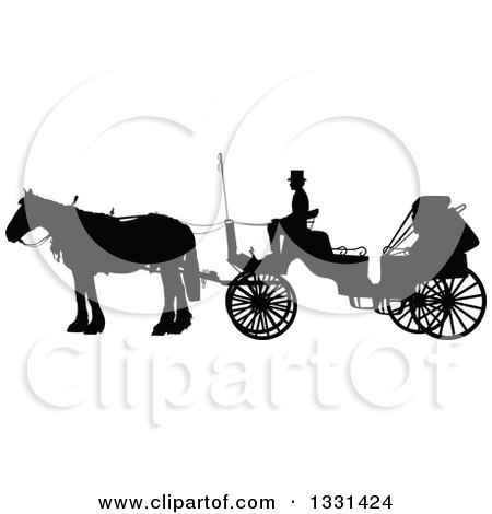 Clipart of a Black Silhouetted Coachman Sitting on a Horse Drawn Buggy Carriage, in Profile - Royalty Free Vector Illustration by Maria Bell