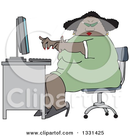 Clipart of a Cartoon Chubby Black Woman Wearing Glasses and Working at a Computer Desk - Royalty Free Vector Illustration by djart