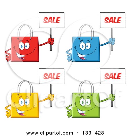 Clipart of Cartoon Colorful Shopping Bag Characters Holding up Sale Signs 2 - Royalty Free Vector Illustration by Hit Toon