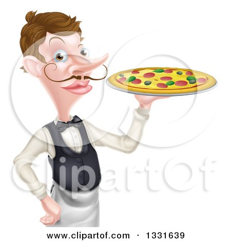 Clipart of a Cartoon Caucasian Male Waiter with a Curling Mustache, Holding a Pizza on a Tray - Royalty Free Vector Illustration by AtStockIllustration