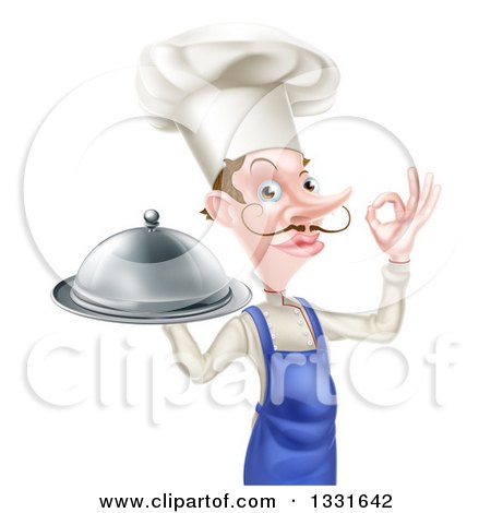 Clipart of a White Male Chef with a Curling Mustache, Gesturing Ok and Holding a Cloche Platter - Royalty Free Vector Illustration by AtStockIllustration