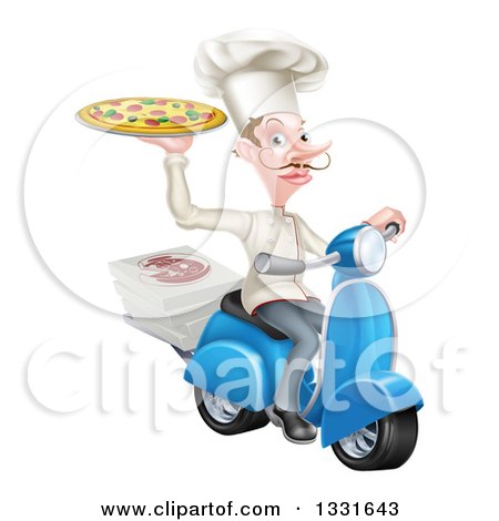 Clipart of a Happy Pizza Delivery Chef with a Curling Mustache, Holding up a Pie on a Scooter - Royalty Free Vector Illustration by AtStockIllustration