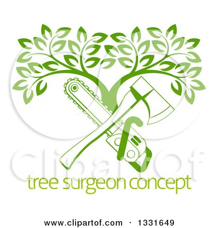 Clipart of a Gradient Green Crossed Chainsaw and Axe and a Tree over Sample Text - Royalty Free Vector Illustration by AtStockIllustration
