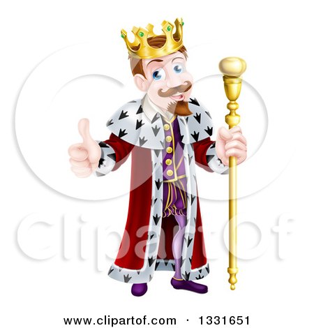 Clipart of a Happy Brunette Caucasian King Giving a Thumb up and Holding a Staff - Royalty Free Vector Illustration by AtStockIllustration