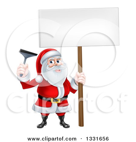Clipart of a Christmas Santa Claus Holding a Window Cleaning Squeegee and Blank Sign - Royalty Free Vector Illustration by AtStockIllustration