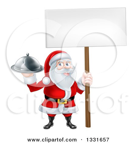 Clipart of a Happy Santa Claus Holding a Food Cloche Platter and Blank Sign - Royalty Free Vector Illustration by AtStockIllustration