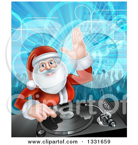Clipart of a Santa Claus Dj Mixing Christmas Music on a Turntable with People Dancing in the Background 2 - Royalty Free Vector Illustration by AtStockIllustration