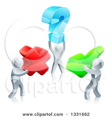 Clipart of 3d Silver Men Carrying Question, X and Check Marks - Royalty Free Vector Illustration by AtStockIllustration