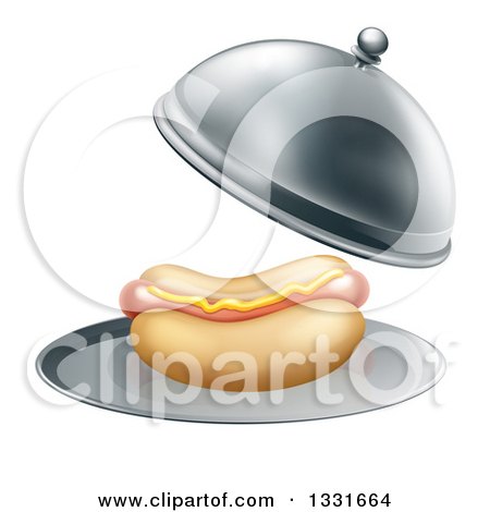 Clipart of a 3d Hot Dog Being Served in a Cloche Platter - Royalty Free Vector Illustration by AtStockIllustration