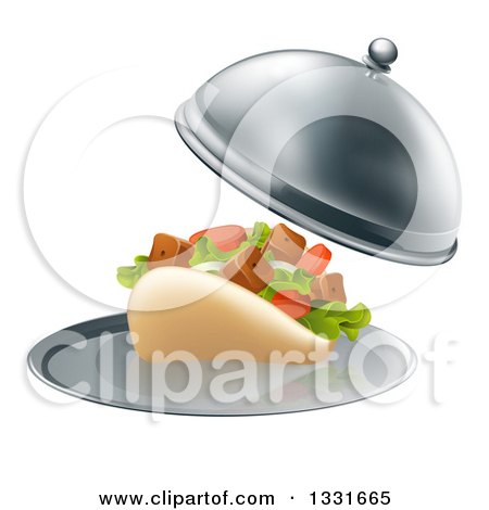 Clipart of a 3d Souvlaki Kebab Sandwich Being Served in a Cloche Platter - Royalty Free Vector Illustration by AtStockIllustration
