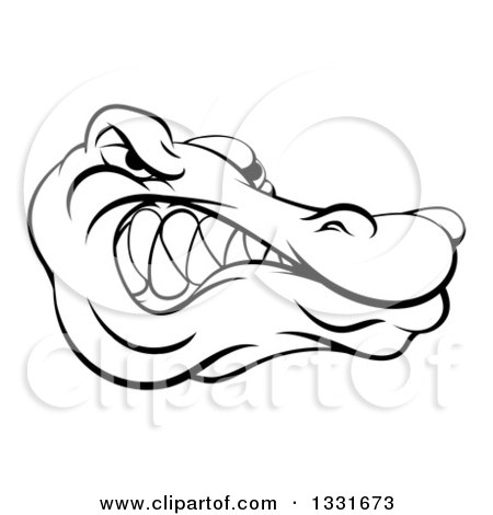 Clipart of a Black and White Aggressive Snarling Alligator Mascot Head - Royalty Free Vector Illustration by AtStockIllustration