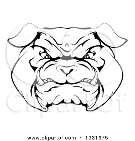 Clipart of a Black and White Snarling Bulldog Face - Royalty Free Vector Illustration by AtStockIllustration