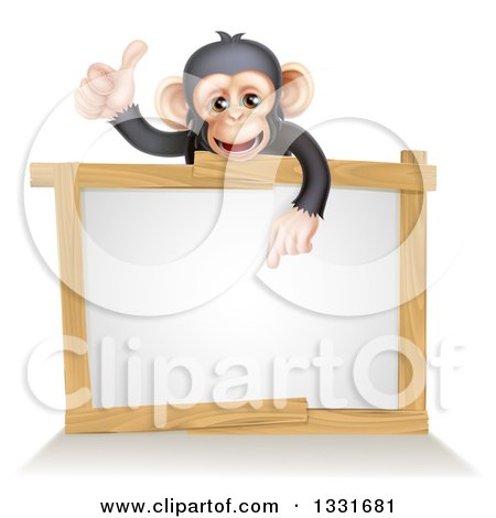 Clipart of a Cartoon Black and Tan Happy Baby Chimpanzee Monkey Giving a Thumb up and Pointing down to a Blank White Sign - Royalty Free Vector Illustration by AtStockIllustration