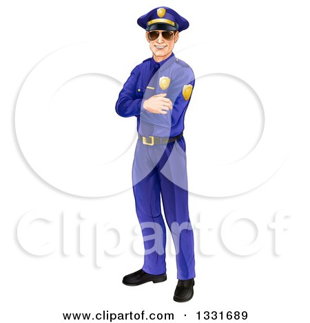Clipart of a Full Length Happy Caucasian Male Police Officer Standing with Folded Arms and Wearing Sunglasses - Royalty Free Vector Illustration by AtStockIllustration