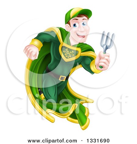 Clipart of a Brunette Caucasian Male Super Hero Running with a Garden Fork or Hand Rake - Royalty Free Vector Illustration by AtStockIllustration