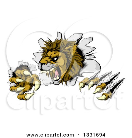 Clipart of a Roaring Lion Mascot Slashing Through a Wall - Royalty Free Vector Illustration by AtStockIllustration