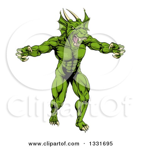 Clipart of a Muscular Aggressive Green Dragon Man Mascot Walking Upright - Royalty Free Vector Illustration by AtStockIllustration