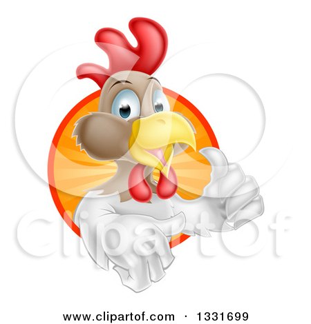 Clipart of a Happy Brown and White Chicken or Rooster Mascot Giving a Thumb up and Emerging from a Sun Ray Circle - Royalty Free Vector Illustration by AtStockIllustration