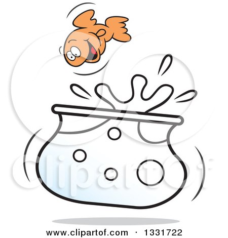 Clipart of a Cartoon Happy Playful Goldfish Jumping out of a Bowl - Royalty Free Vector Illustration by Johnny Sajem