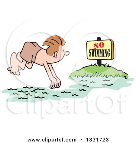 Clipart of a Cartoon White Man Diving into a No Swimming Area - Royalty Free Vector Illustration by Johnny Sajem