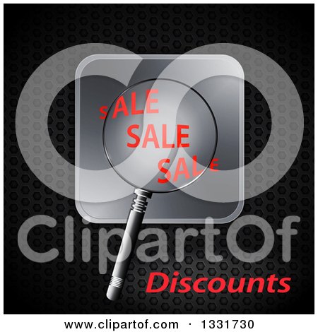 Clipart of a 3d Magnifying Glass over Sale Text on a Silver Button over Dark Metal - Royalty Free Vector Illustration by elaineitalia