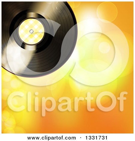 Clipart of a 3d Music Vinyl Record with Yellow Gingham Plaid, over Yellow and Orange Flares - Royalty Free Vector Illustration by elaineitalia