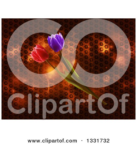 Clipart of 3d Purple and Red Tulip Flowers over Honeycomb Patterned Metal and Flares - Royalty Free Vector Illustration by elaineitalia