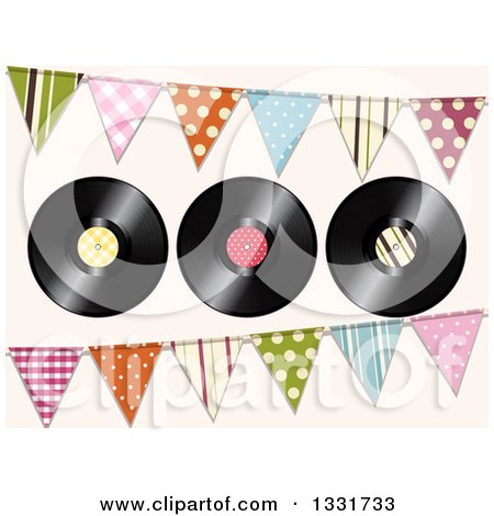 Clipart of 3d Music Vinyl Records with Patterned Bunting Flags over Pastel Pink - Royalty Free Vector Illustration by elaineitalia