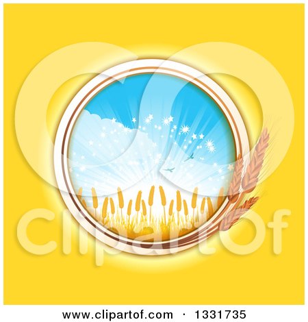 Clipart of a Round Wheat Field Frame with a Crop and Birds Against a Shining Blue Sky over Yellow - Royalty Free Vector Illustration by elaineitalia